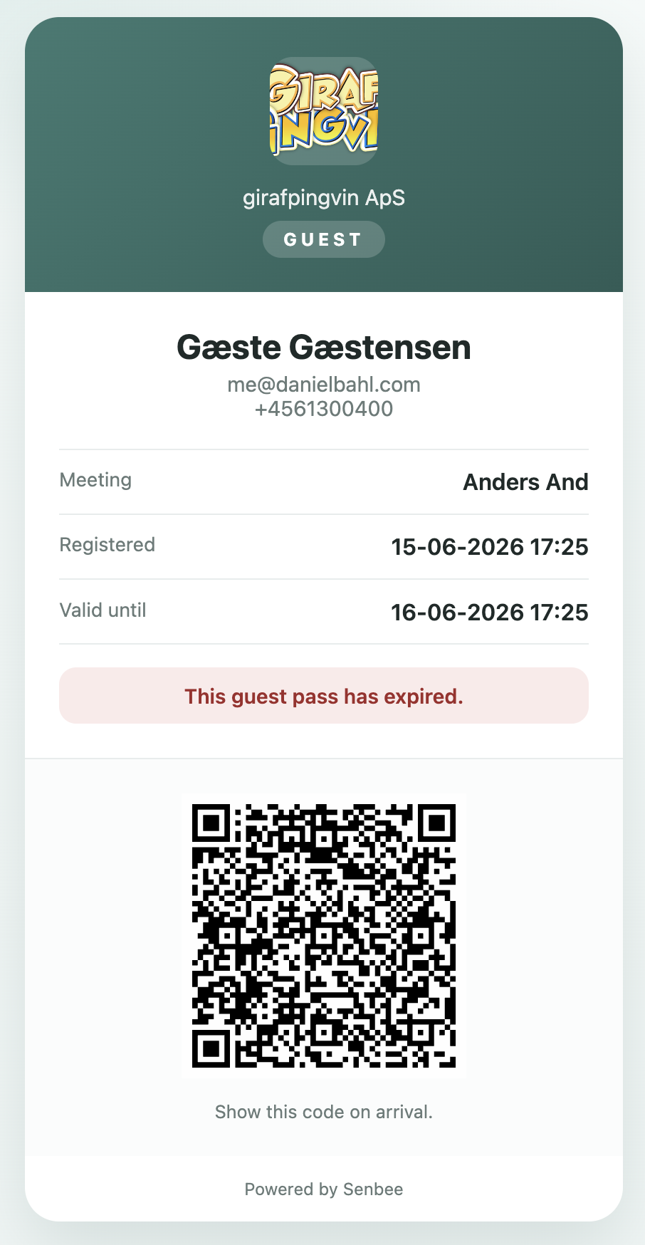 Digitalt Senbee-gæstekort på gæstens telefon